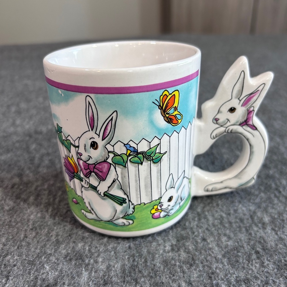 Vintage Easter Bunny Mug Figural Rabbit Handle Ceramic Coffee Cup Garden Scene